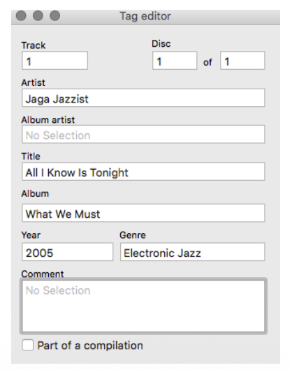 ID3 tags of an MP3 file: title, artist, album, genre